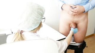 Busty Doctor milking the prostate. Stuck her finger up the ass