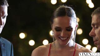 Nice-looking brunette vixen in a hot, red suit, Tori Black is about to have a boy+hunk+female 3some