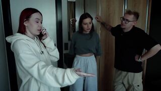 Step Mom and Step Sister Share Couch with Step Son in Wild Hotel Fuck