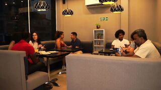 Lovers get hawt and heavy and end up banging in the restaurant's public bathroom