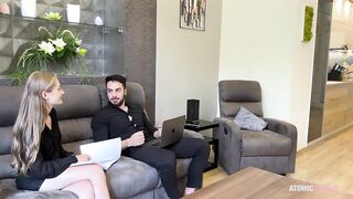 I spy my boyfriend banging his sexually excited coworker. Mi joins and licks the cum off her twat