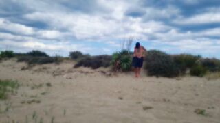 in nature's garb pathetic white serf, fag in dick cage, striptease and proudly present collar, leash, sex-toy play at the homosexual beach, CMNM