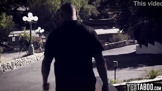 Big tits tattooed teen fucks a big dick man in her hostel in front of the warden