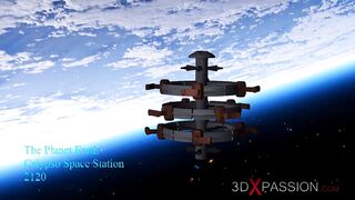 A sexy female adroid shemale plays with a young blonde in the space station