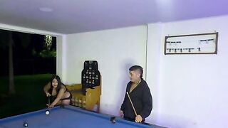 A college girl is banged after a game of pool while her boyfriend is away.