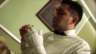 Peeping at his golden-haired milf boss gets notices, so she calls him in with an excuse of helping her with lingerie. They share a ardent kiss before this chap whips out his cock to thrust her hungry snatch.