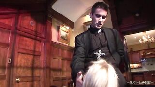 While the couple lays in bed, a milf sneaks in and casts a spell on the two. They instantly get lascivious and begin kissing. After making out, this dude takes his vertical wiener out for the real pounding.