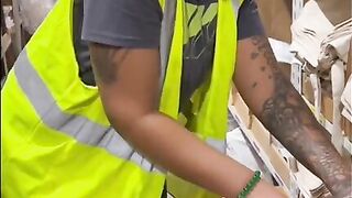 Flirty warehouse worker sucks her co-workers ramrod after work