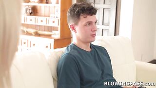 Teen Brit Blair assents to give her stepbro oral job in exchange for chores.The petite stepsis strips bare teases him before deepthroating his big penis