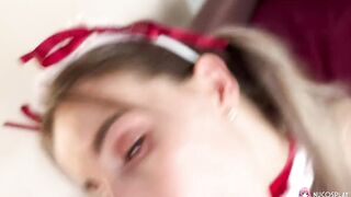 Busty brunette maid Viki who desires a hard dick.