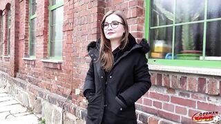 GERMAN SCOUT - German Small glasses student Petite Emily Pick Up and talk to Casting Fuck
