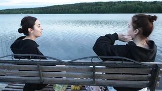 two Girls Took Their Clothing off on the Lake. a Passing Surfer Had Sex in the Open Air