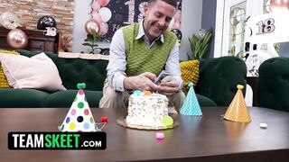 18th Birthday Surprise Turns into a Taboo 3-some When Stepdad Catches Juniper Banging