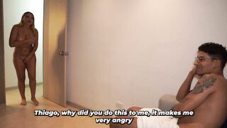 Big-breasted blonde stepmother emerges from the washroom shivering after a prank by her stepson