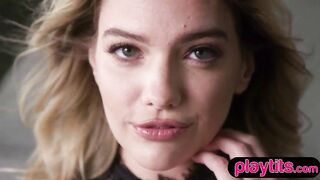 Slender blonde MILF undresses sheer lingerie to flaunt perky titties