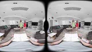 VR Bangers: Young Neighbors 3-some Sex with Virgin Student FFM Fellatio in a Bubble Washroom - VR Porn