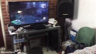 Young cutie at her boyfriend's house playing PlayStation in advance of having sex