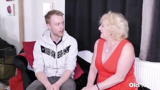 OldNanny - Blonde Granny In Red Dress Seduces Sexually excited Guy For Hot Screw