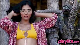 Big titties slender Asian MILF removes her lingerie outdoors and exposes sexy figure