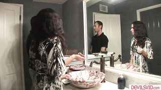 Lalin beauty stepsis Tia Cyrus gets horny watching her stepbro masturbating.This chick joins in,sucks his big dong and facesits the stud before letting him screw her