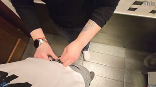 Cuckold with cumshot in the restaurant crapper