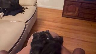 Shy ebony eating black dick