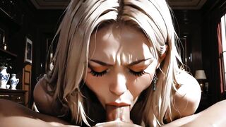 charming golden-haired woman sucks very hard ramrods and looks at you with her big blue eyes - AI generated content