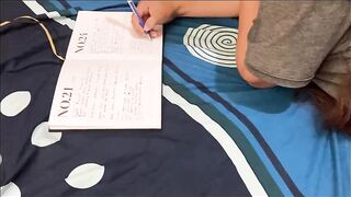 Quickie between stepbrothers. She was doing homework and they ended up making love in the room. Student moans, "So good."