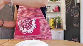 Hot wife with outstanding natural breasts gets her pussy filled during the time that working in the kitchen.