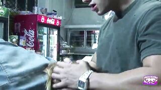 A excited golden-haired in jeans pays for groceries in the supermarket with a blowjob