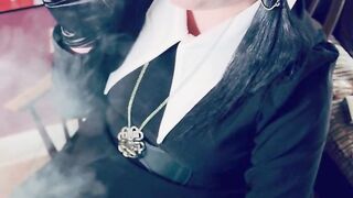 Wednesday Addams, Tina Snua, Chain Smokes 2 Cigarettes In Satin Gloves - Smokin' Smoker Drifts Snap Inhales OMI OME Tip To Tail