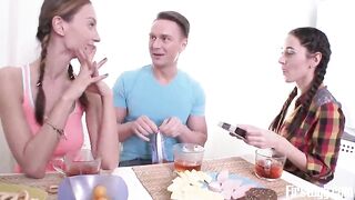 Horny Girlfriends Cook Breakfast Then Seduce Well Hung Lad For Kitchen Sex