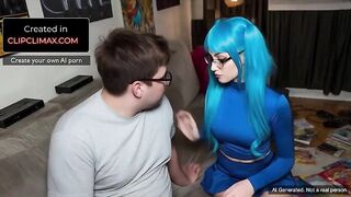 AI Gen Hot Blue-Haired Nerd Girl Seduces Bulky Nerd whilst reading hentai and Rides Him Cowgirl - Sex with cosplayer usiing glasses at his couch