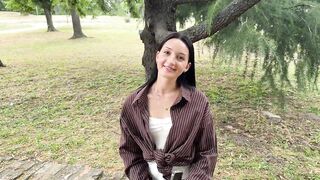 Stranger sweetheart in park drops to knees for cock then gets pounded