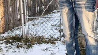 Super hot hopeless public dick thru jeans fly pissing compilation - snow pissing, running to piss , super long pissing