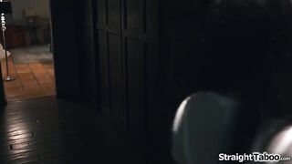 Busty Nina White walks into her neighbors bath and finds his wife Cory Follow locked in a cage.She explains its their sexual fantasy and sucks ramrod