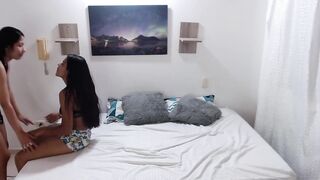 two Latinas fun their charming cunts watching lesbian porn