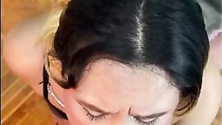 A giant explosion of jizz covers my horny stepsister's face as this sweetheart continues sucking with semen on her face