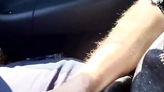 Almost caught! He jerks off in traffic in front of me, I love watching. Big spunk fountain! Part 1
