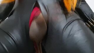 Big Oiled Ramrod T-girl Black Widow Cumming after Jerking his Brown Penis