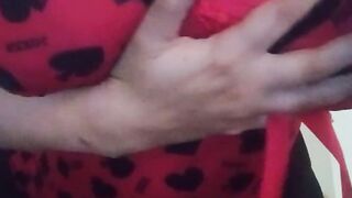 Horny Redhead in Red Heart Lingerie Squeezes Her Biggest Natural Bazookas Solo Tease