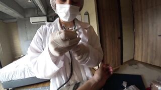 LATINA NURSE milks my CUM sample with Machine and his deepthroat