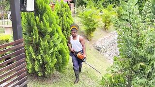 The gardener's big black ramrod slides deep into his boss's hot twat ebony MILF Carla Morelli outdoors