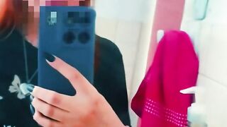 Curvy Redhead Mirror Selfie: Lifts Shirt to Show Massive Natural Melons in Bathroom