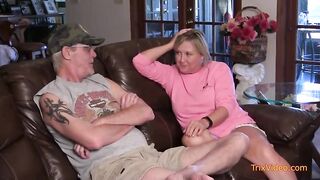 Golden-Haired mommy is sucking her step- son's schlong, while his friend is waiting for his turn