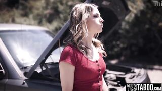 Stranded golden-haired MILF hitchhikes and fucks big weenie man outdoors