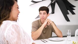 This excited Colombian stepmom La Paisita bounces her moist snatch on young knob like a nasty slut in heat, fucking it raw right on the table