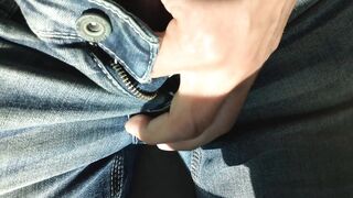 Pissing all over the walking trail out in public around a lot of houses while walking with a full bladder