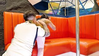 The gym's big-bootied cutie acquiesces to do cardio at a motel wearing ripped yoga pants and a bald twat