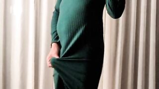Glamorous red-haired Italian CD strokes her hard dong and shows her butt